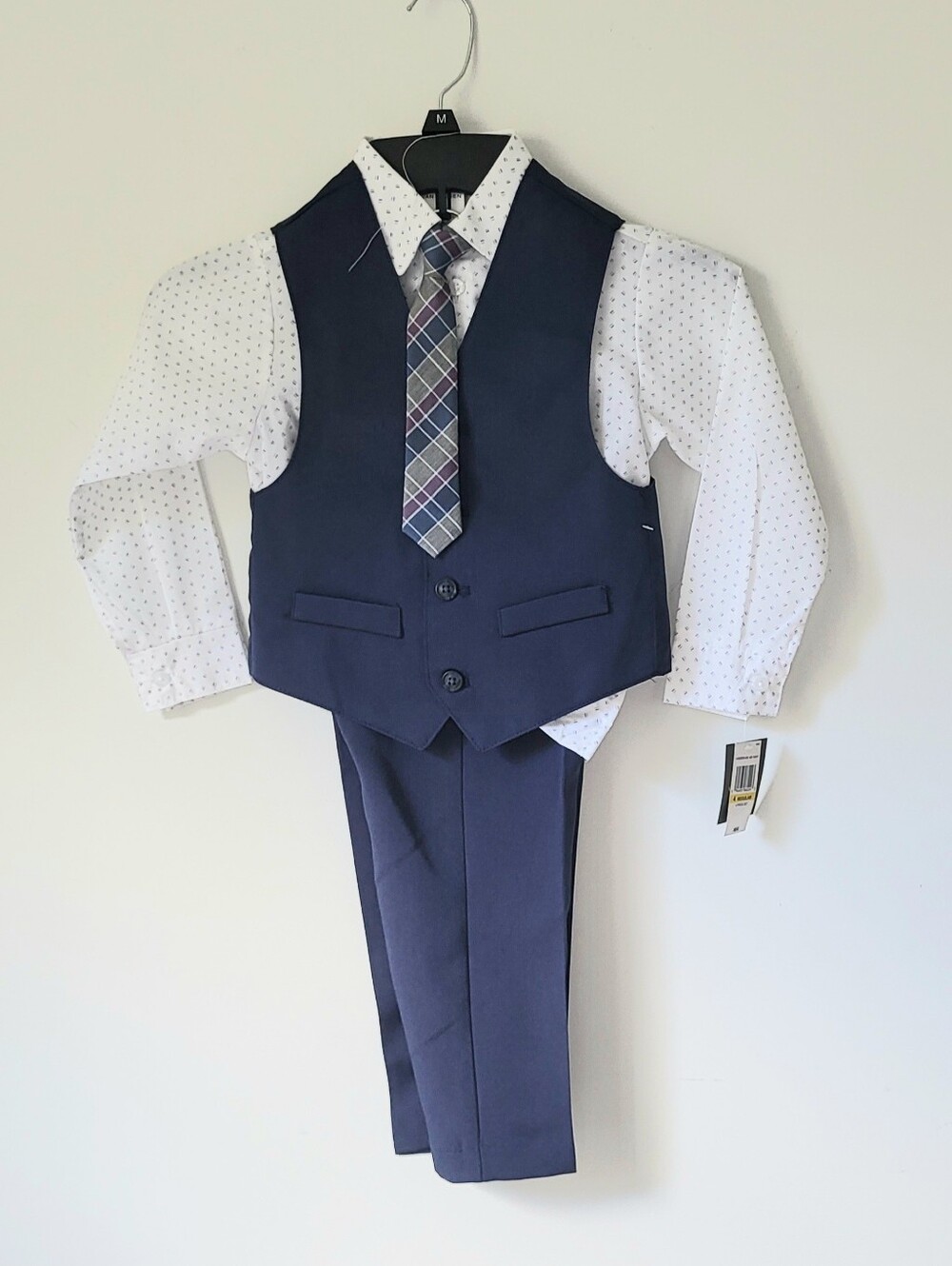 New Van Heusen Boys Size 4 Regular 4pc Suit Set Navy Vest Pants Shirt Tie
